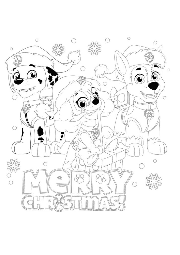 Three cartoon puppies wearing Santa hats with gift box