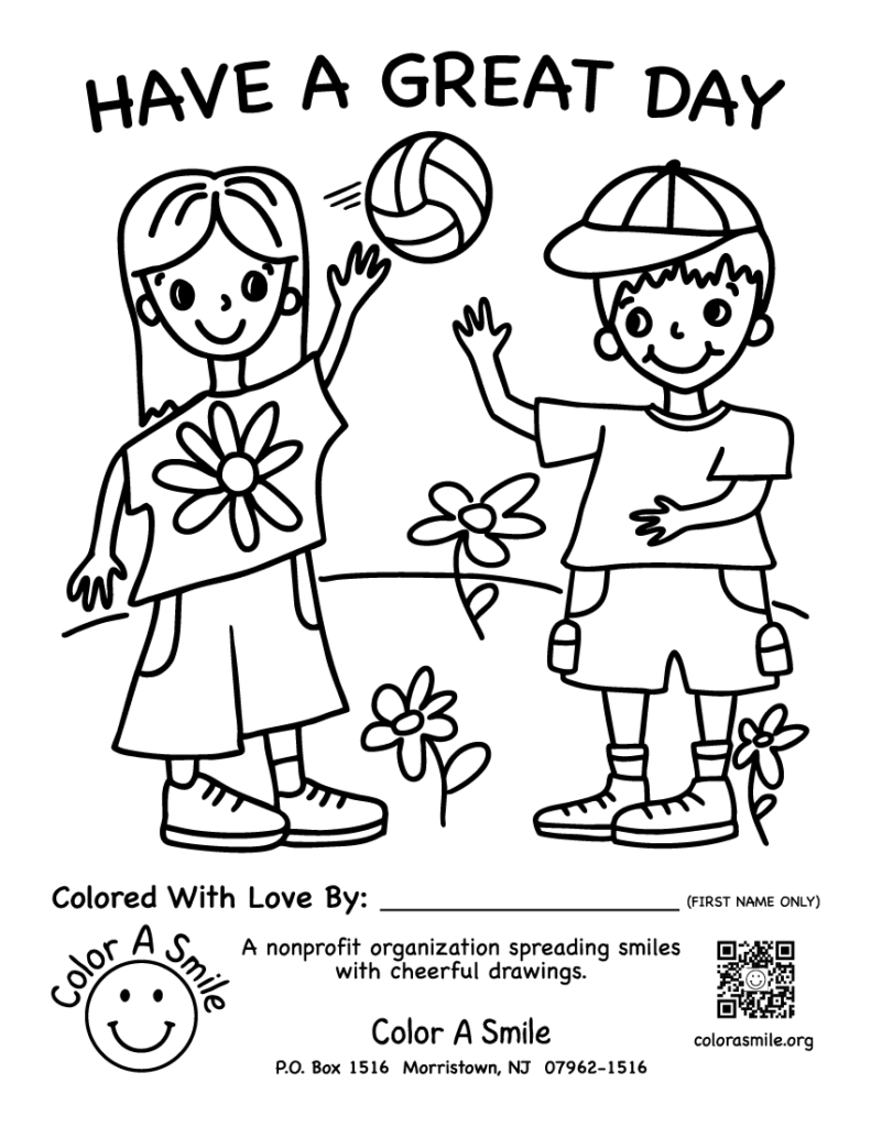 Coloring page of two children playing volleyball outdoors