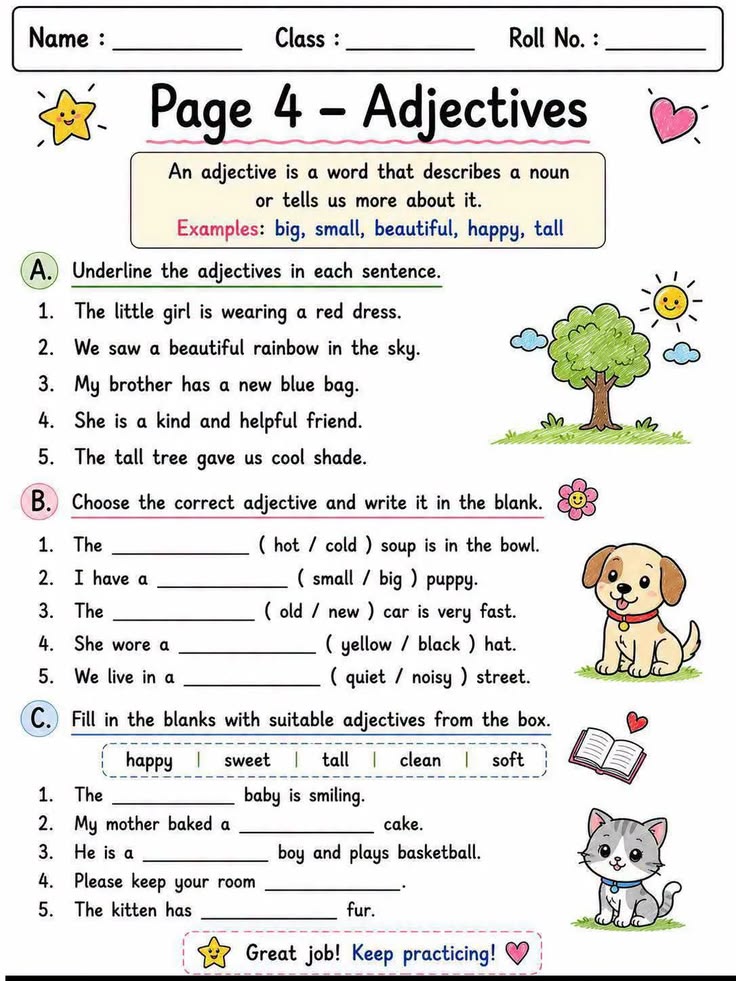 Adjectives worksheet with fill-in-the-blank exercises and drawings