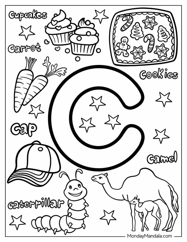 Letter C coloring page with cupcakes, carrots, cookies, camel, caterpillar, cap