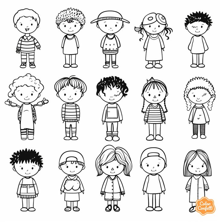 Grid of twelve cartoon children on white background
