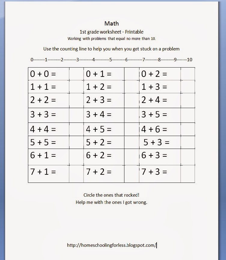 Printable math worksheet with addition problems and number line