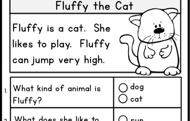Black-and-white reading comprehension worksheet about Fluffy the cat