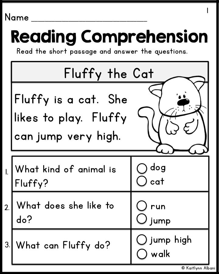 Black-and-white reading comprehension worksheet about Fluffy the cat