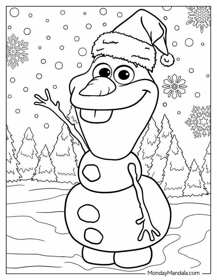 Cartoon snowman wearing Santa hat in snowy forest