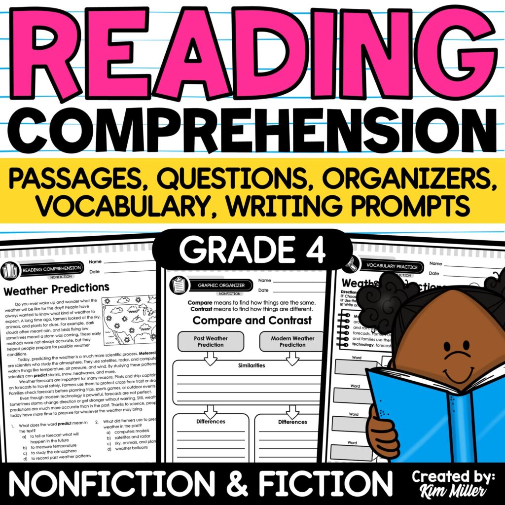 Colorful reading comprehension worksheet collage for grade 4