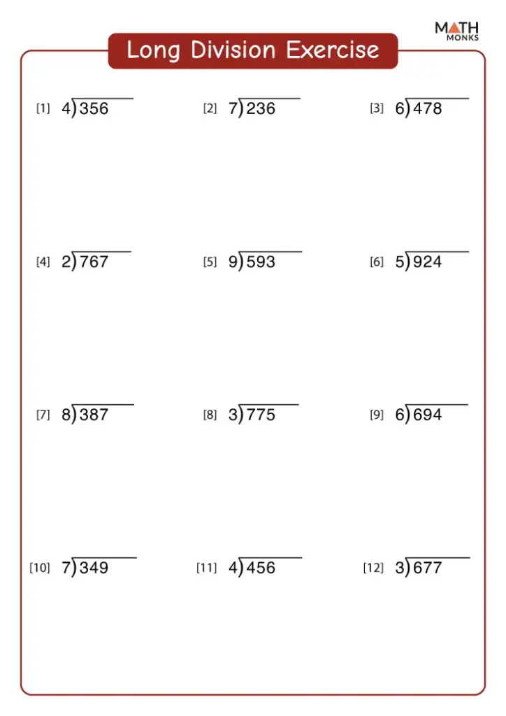 Long division worksheet with twelve problems