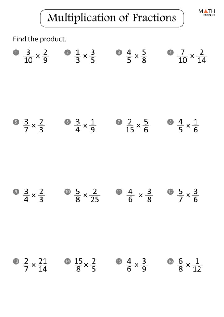 Fraction multiplication worksheet with sixteen problems