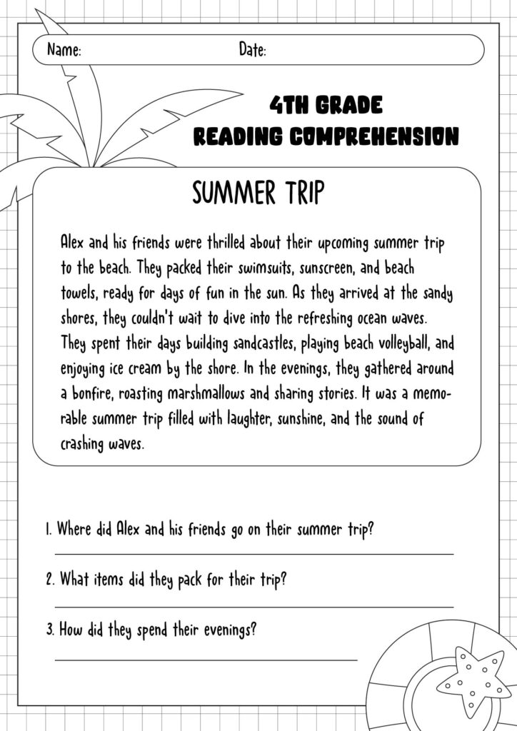 Black-and-white fourth grade reading comprehension worksheet