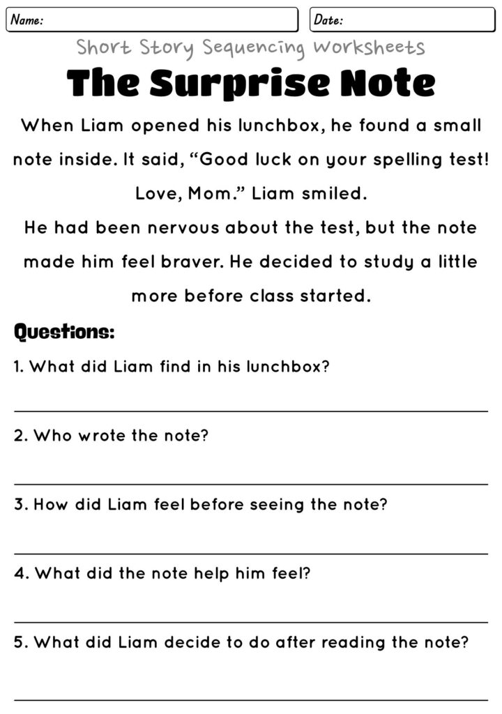 Short story sequencing worksheet with questions and lines