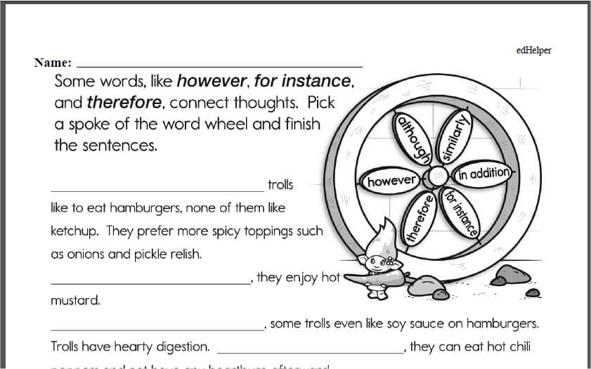 Educational worksheet with word wheel and troll illustration