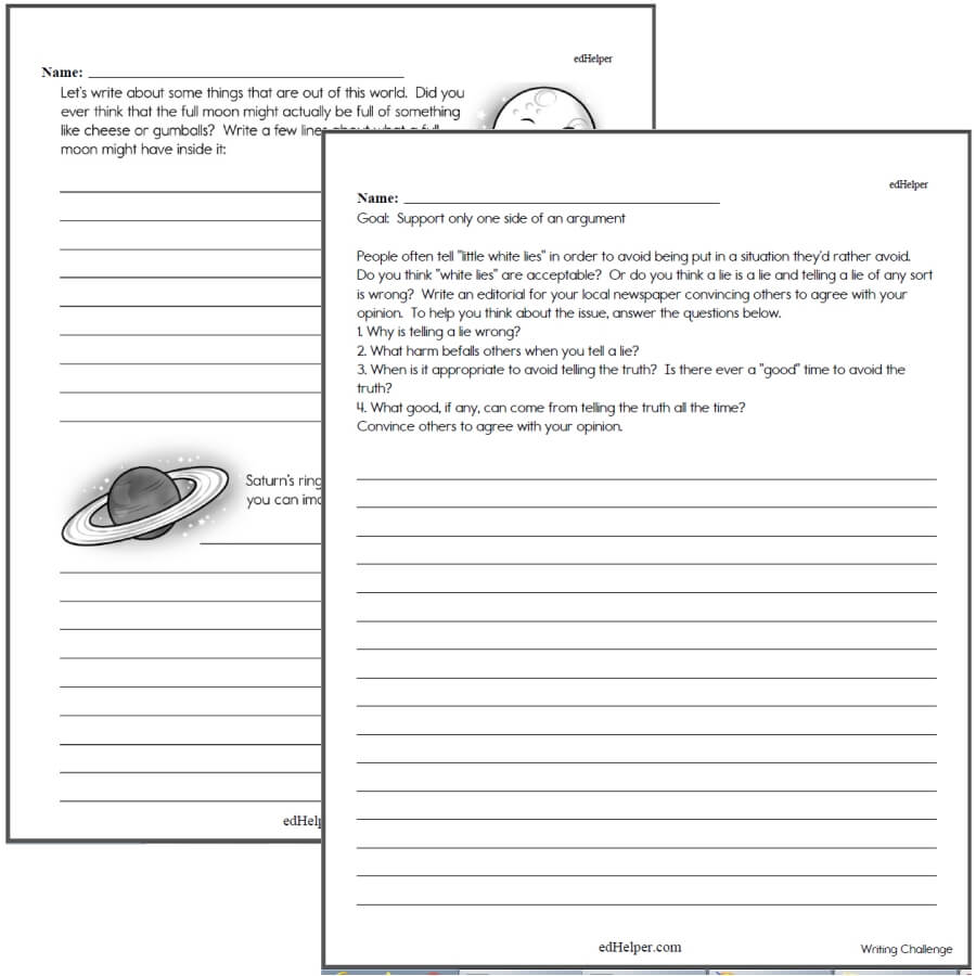 Two overlapping writing worksheets with lined answer spaces