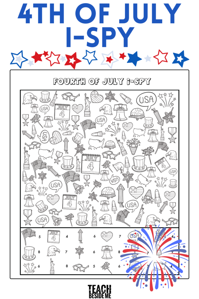 Fourth of July I-spy worksheet with fireworks and icons