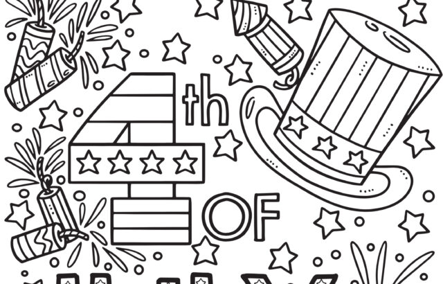 Independence Day coloring page with fireworks and stars