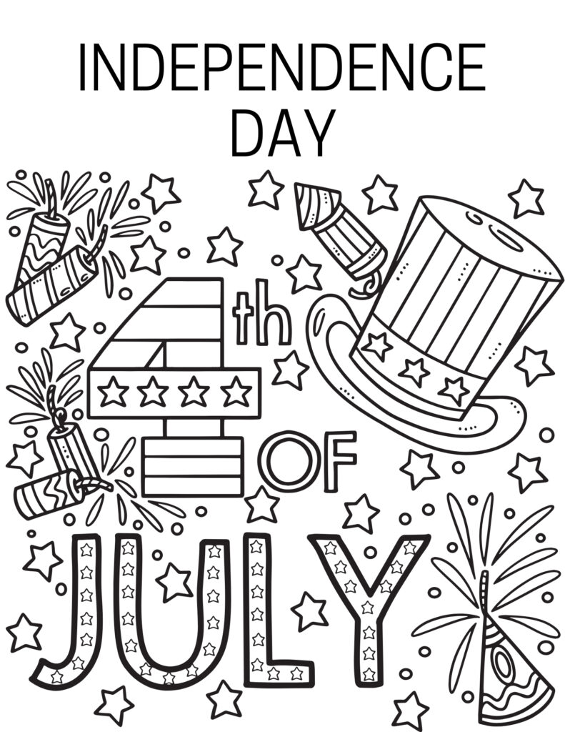 Independence Day coloring page with fireworks and stars
