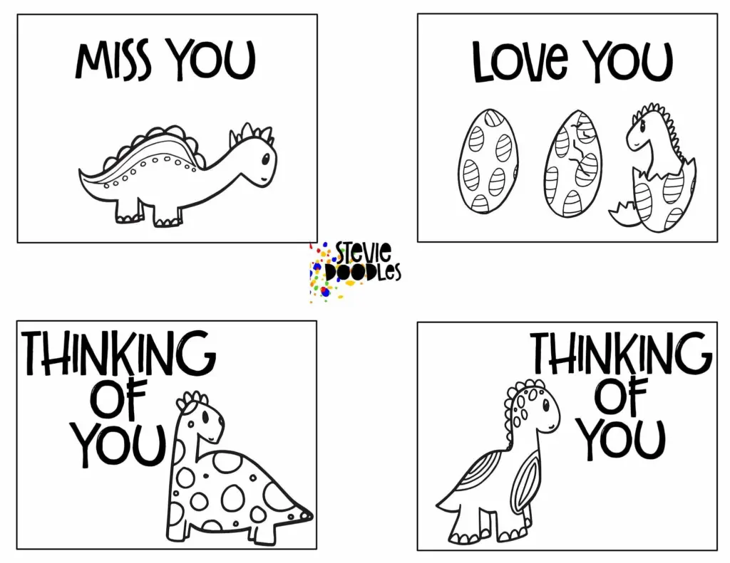 Four dinosaur-themed greeting cards with messages and drawings
