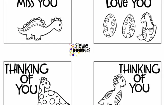 Four dinosaur-themed greeting cards with messages and drawings