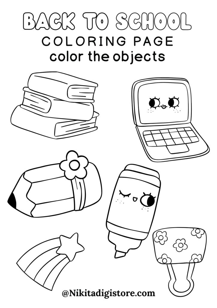 Back to school coloring page with school objects and text