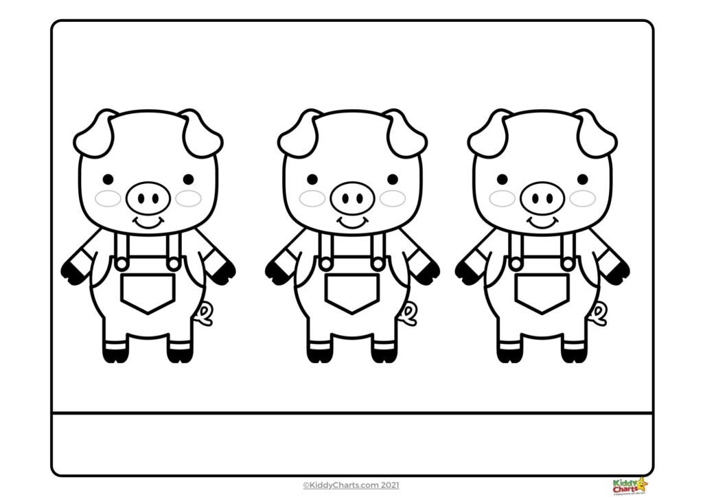 Three cartoon pigs in overalls inside a border