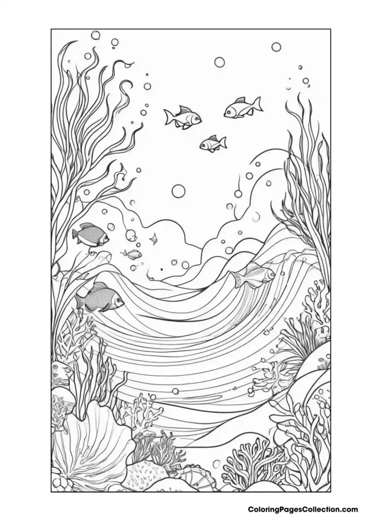 Underwater coloring page with fish, seaweed, and bubbles