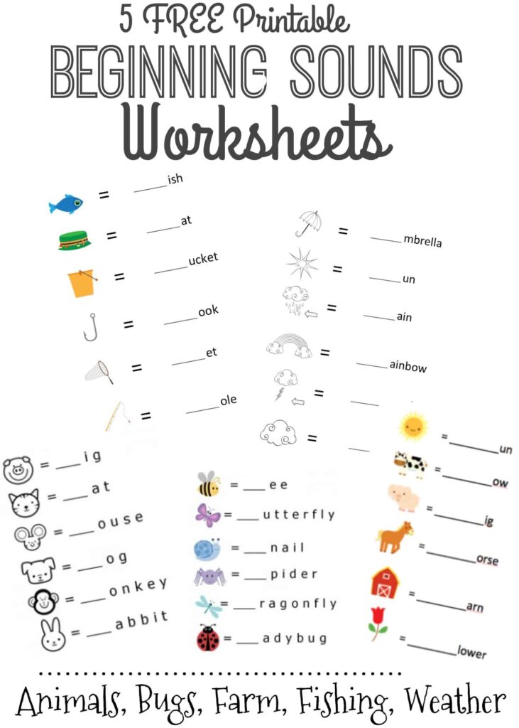 Beginning sounds worksheet with pictures and word blanks