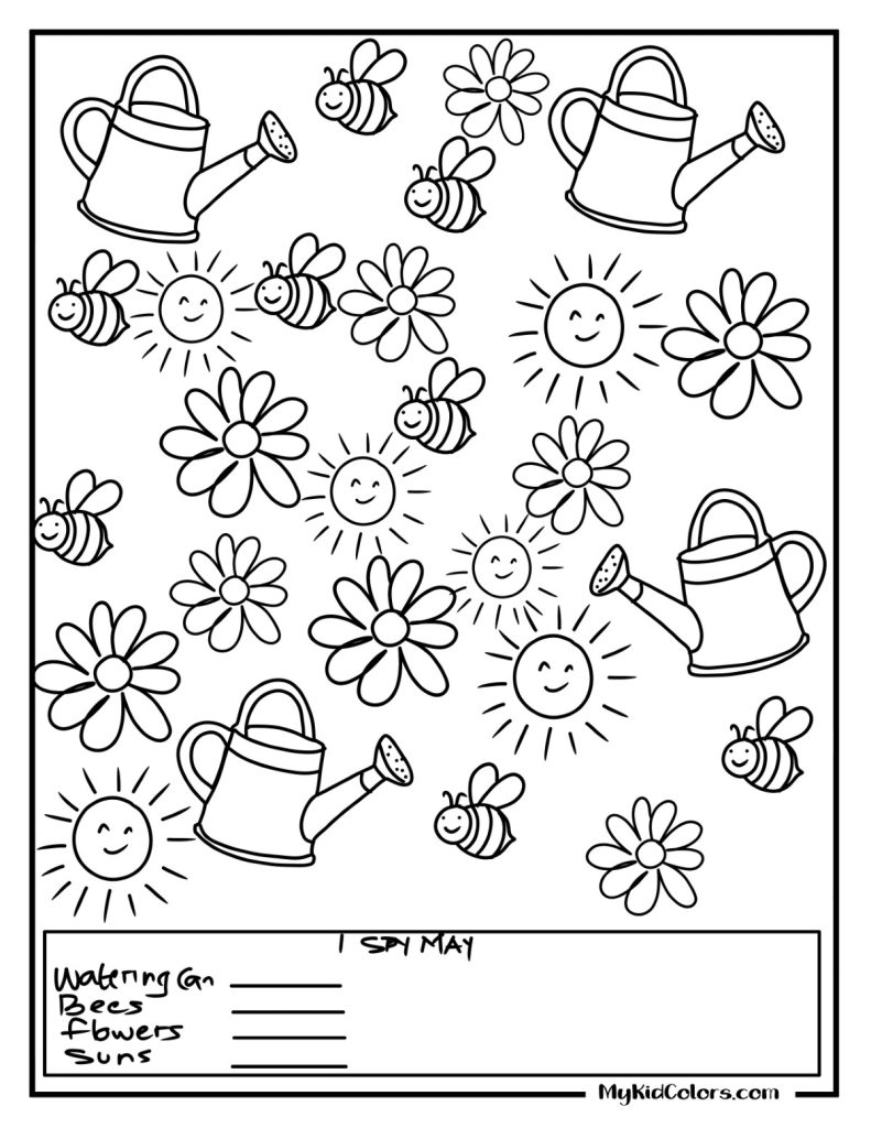 May coloring page with bees, flowers, suns, watering cans
