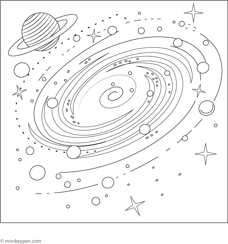 Black-and-white drawing of a spiral galaxy with planets and stars