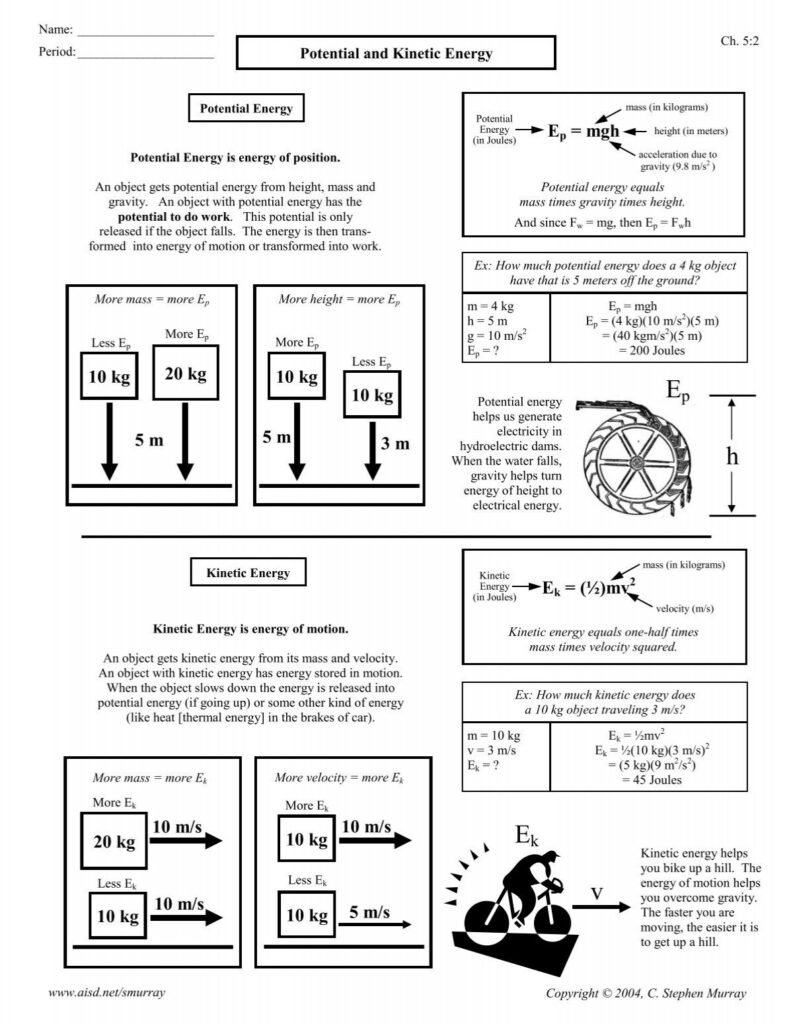 Potential and kinetic energy worksheet with diagrams and text