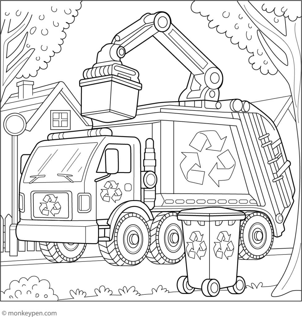 Coloring page of a recycling truck lifting a bin