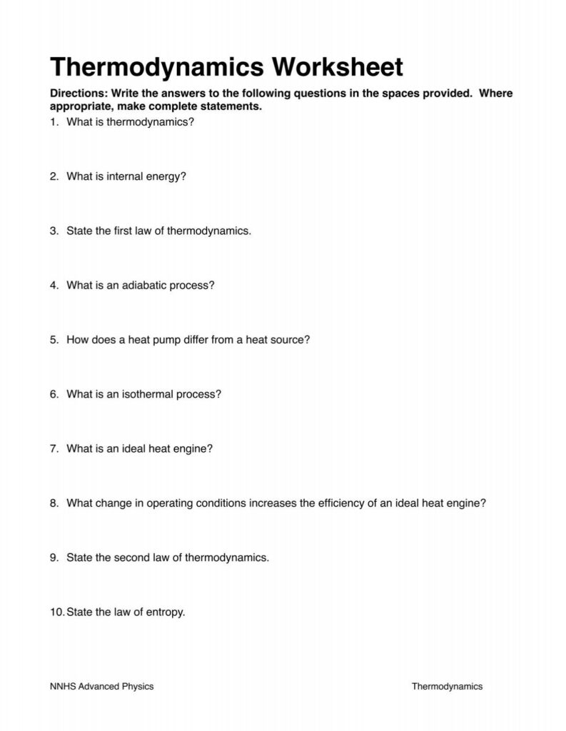 Thermodynamics worksheet with ten physics questions on white page