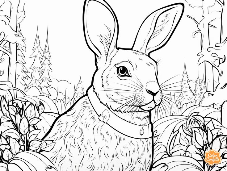 Line drawing of rabbit in forest with plants