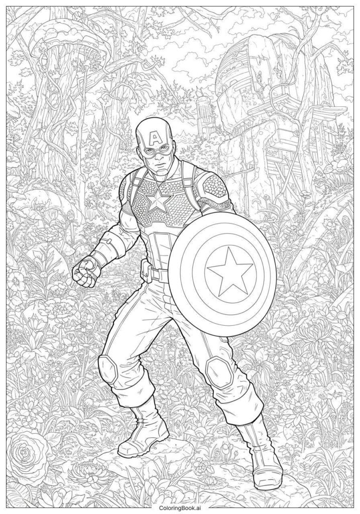 Captain America coloring page in jungle ruins