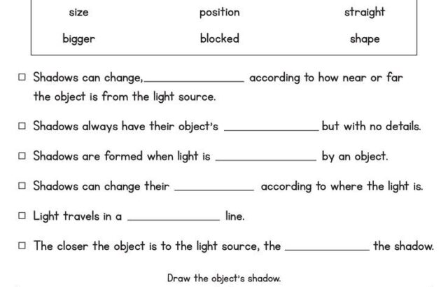 Light and shadows worksheet with fill-in blanks and drawings