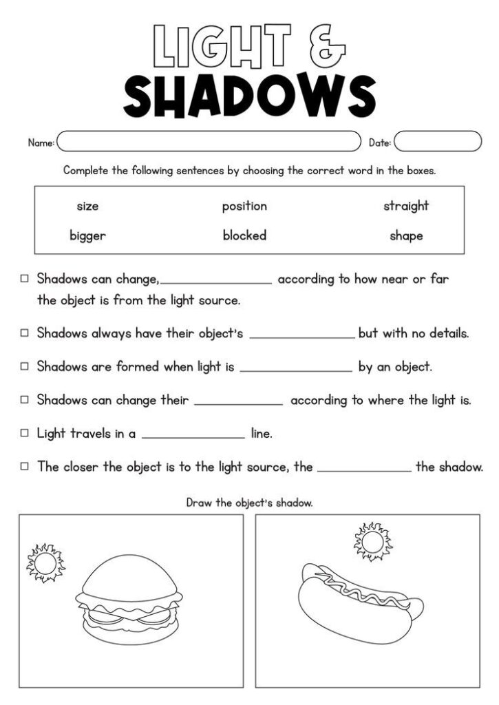 Light and shadows worksheet with fill-in blanks and drawings