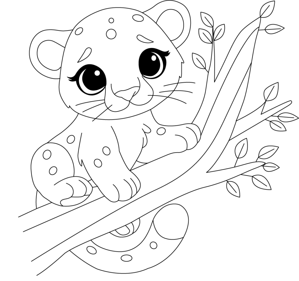 Cartoon leopard cub sitting on a tree branch