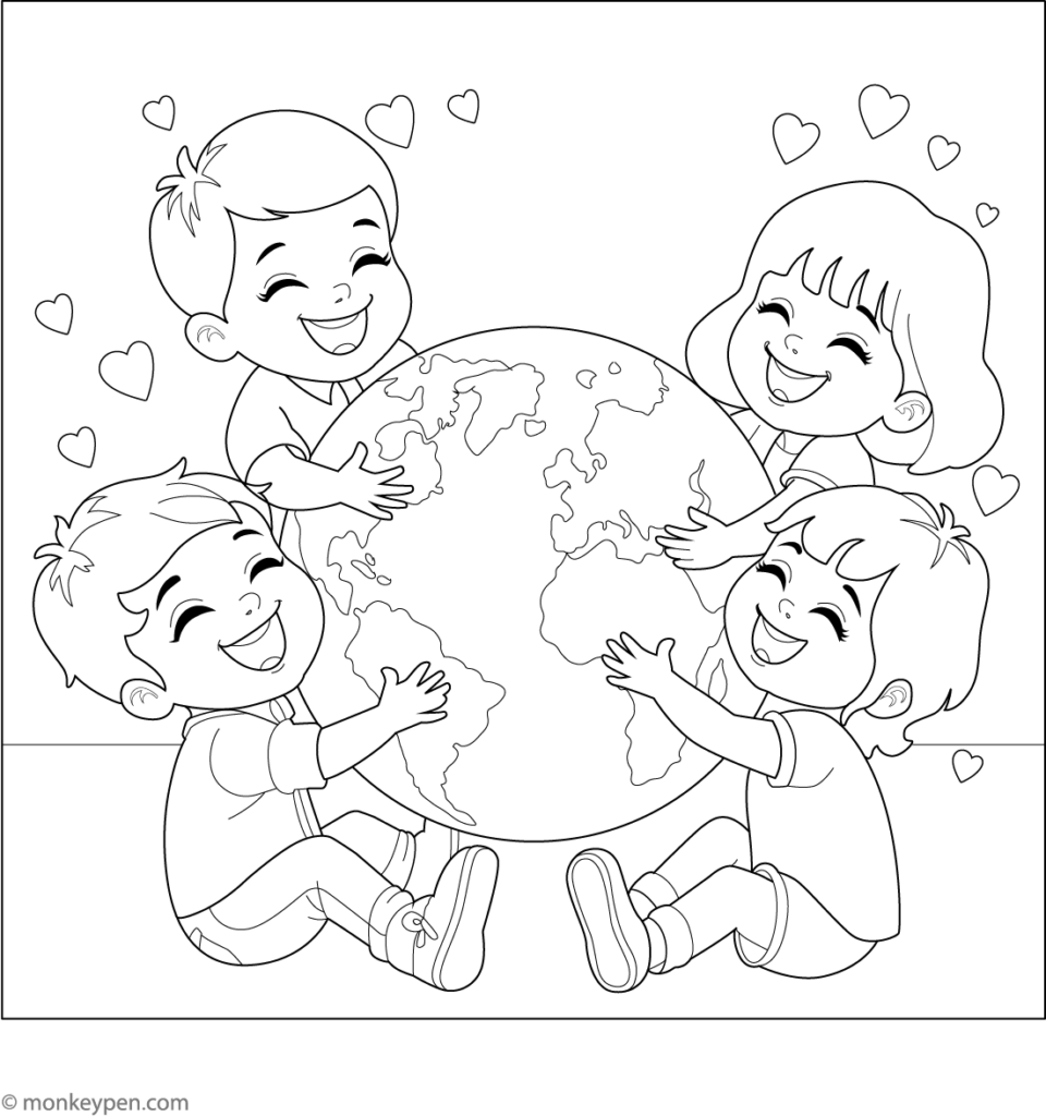 Four smiling children hugging a globe with hearts