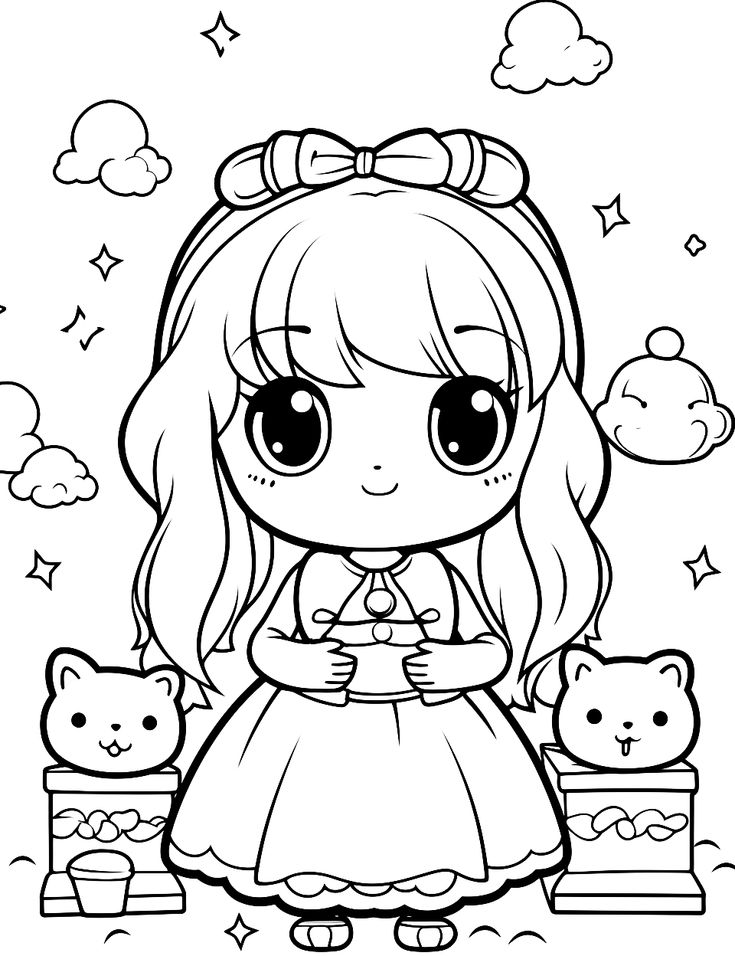 Cute anime girl with cats and clouds in line art