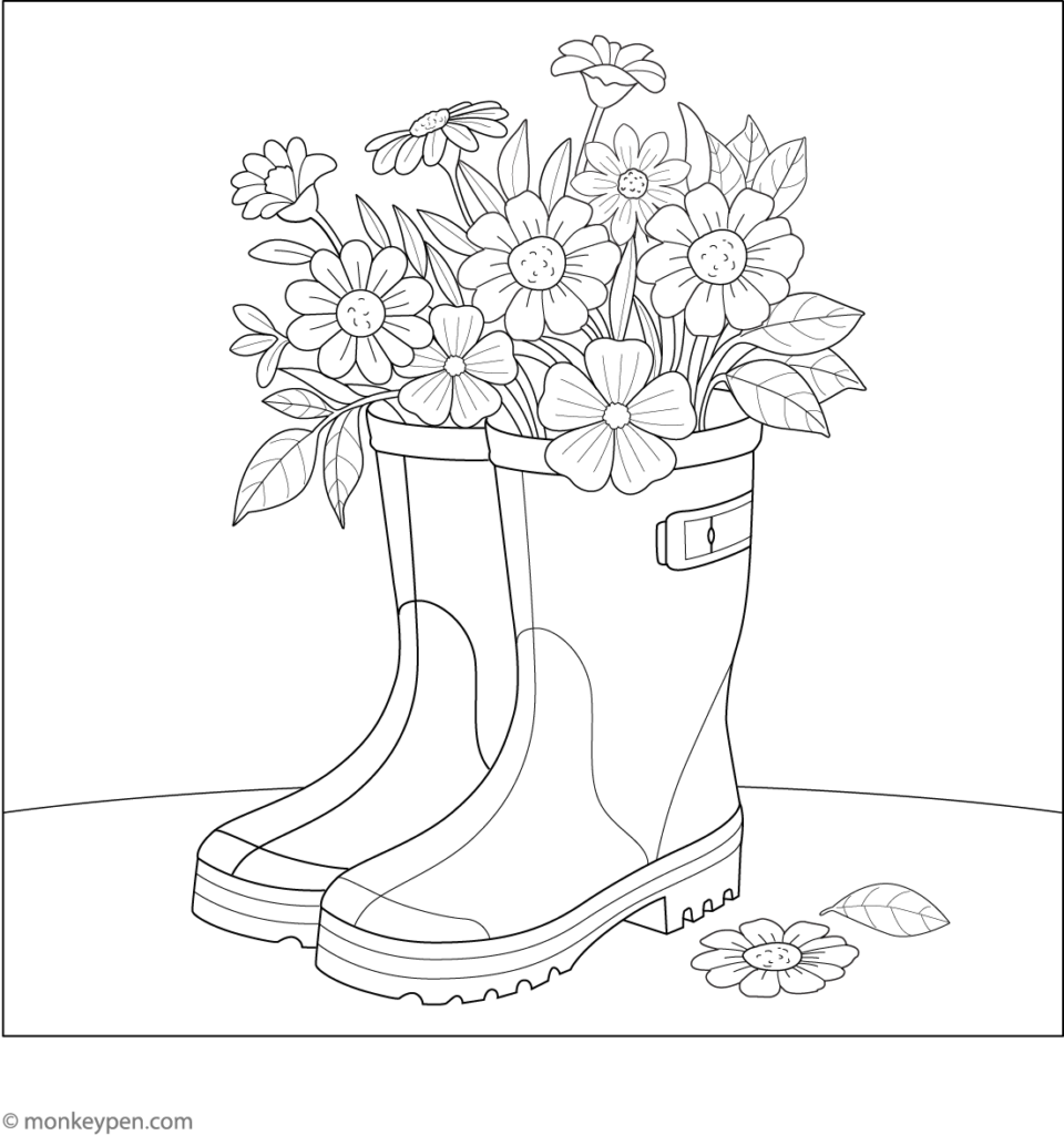 Line drawing of rain boots filled with flowers