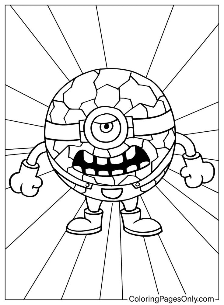 One-eyed cartoon character with cracked head, standing in rays