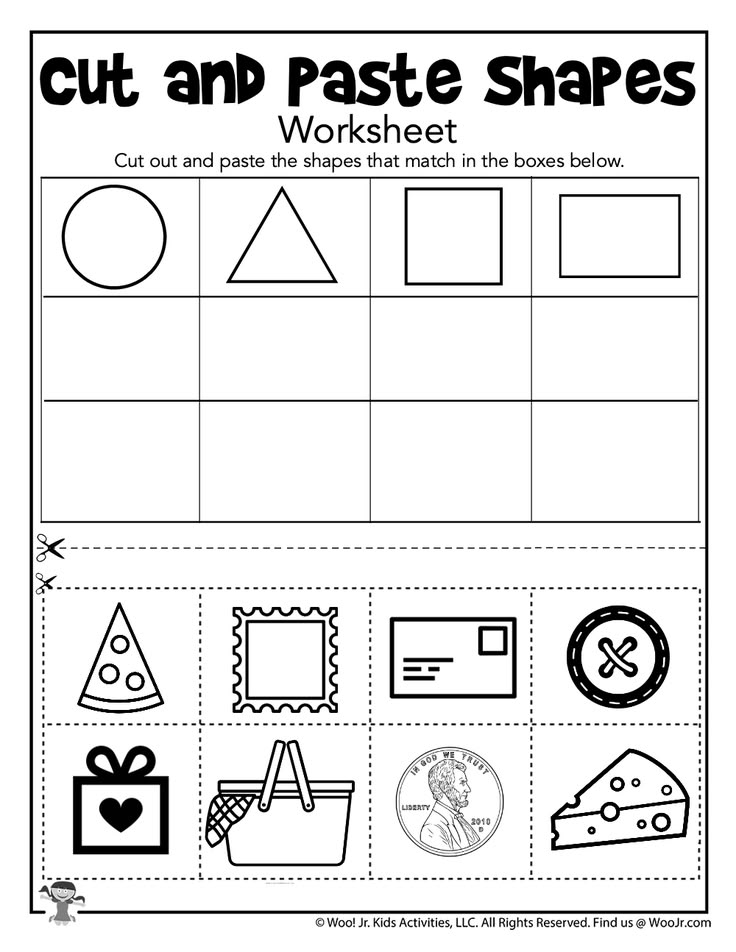 Cut-and-paste shapes worksheet with grid and icons