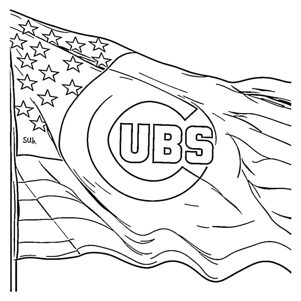 Black-and-white Chicago Cubs flag with stars and logo