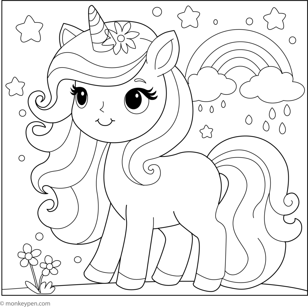 Cute unicorn coloring page with rainbow and clouds