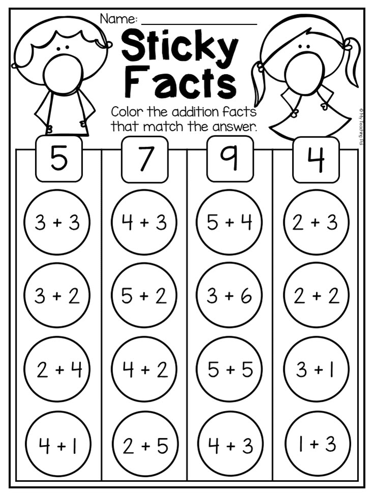 Black-and-white addition facts worksheet with cartoon children at top