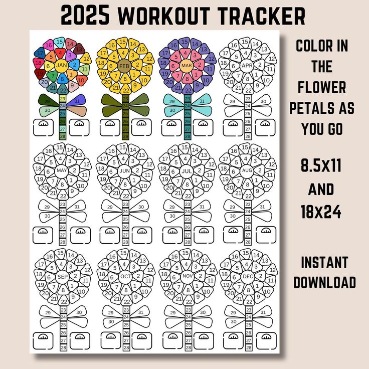Printable 2025 workout tracker with flower calendar grid