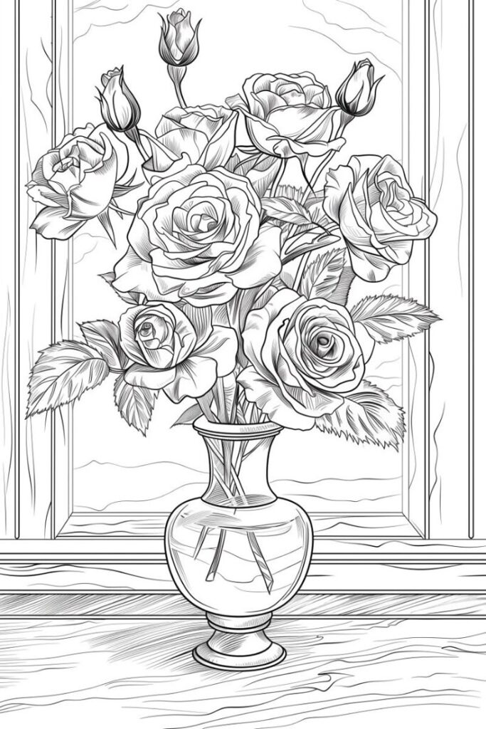 Black-and-white line drawing of roses in vase by window