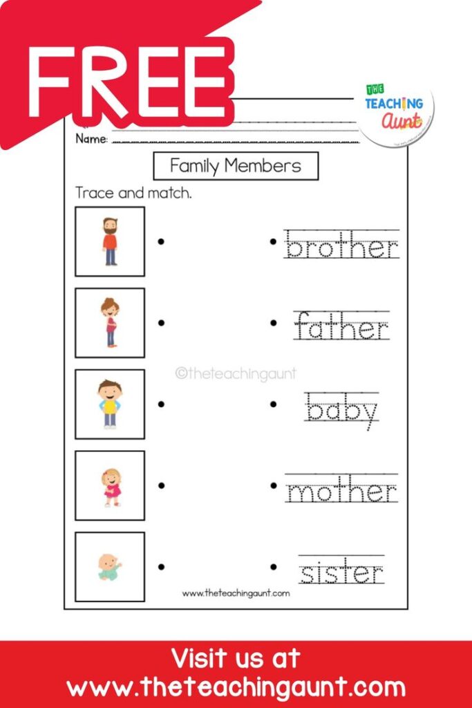 Family members tracing worksheet with cartoons and labels
