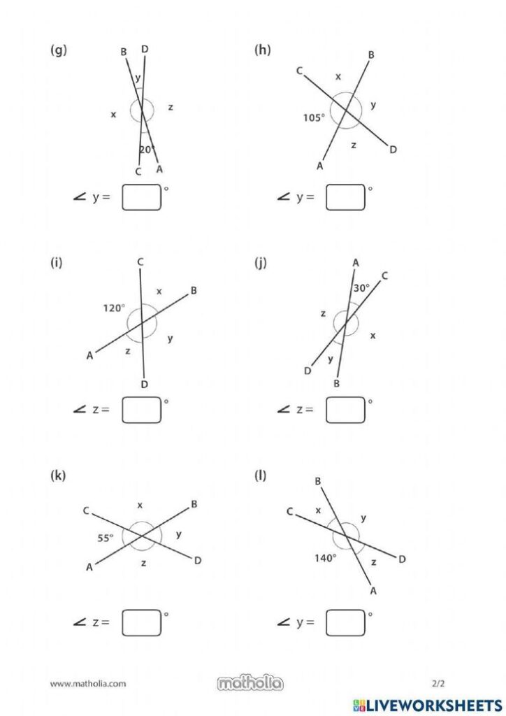 Geometry worksheet with six intersecting-line diagrams and angle boxes