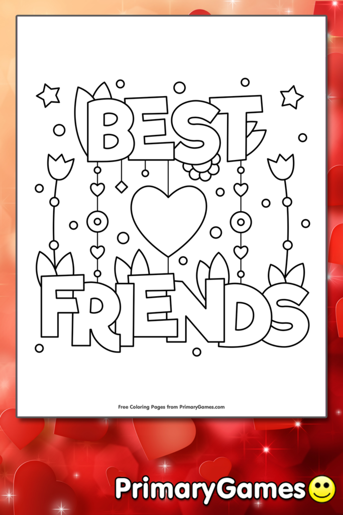 Best Friends coloring page with hearts and flowers