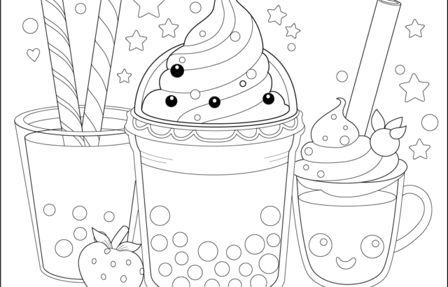 Coloring page of three dessert drinks with stars