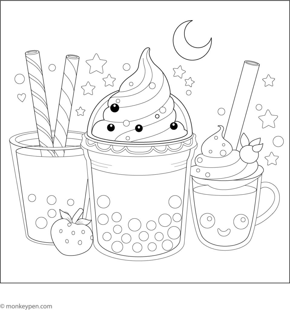 Coloring page of three dessert drinks with stars